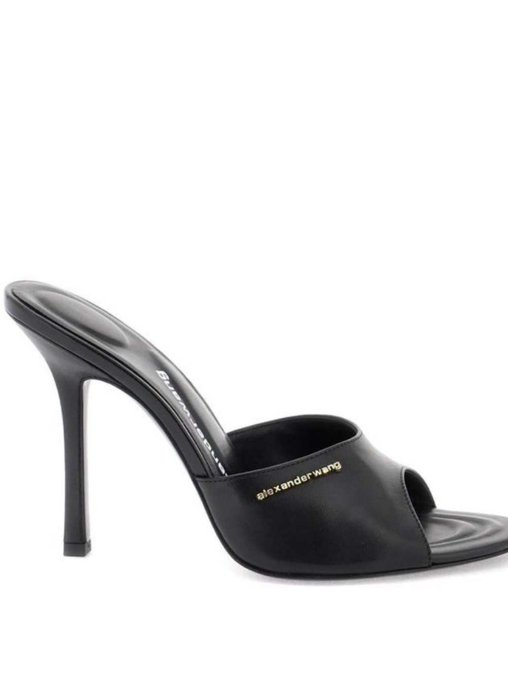 Alexander Wang Black Leather Open-Toe Stiletto Mule with Gold Logo